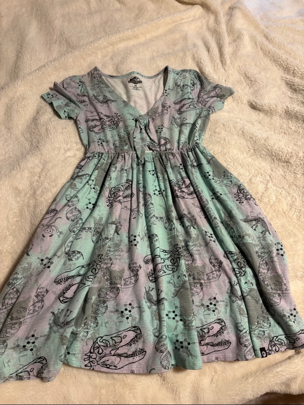 Girls Mint & Lavender Dinosaur Tie-Front Casual Dress